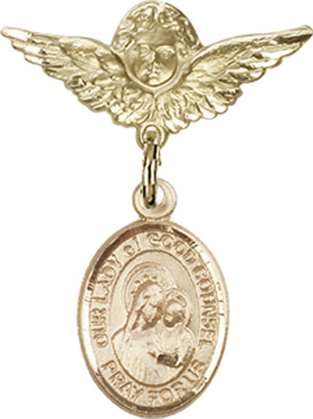 14kt Gold Baby Badge with O/L of Good Counsel Charm and Angel w/Wings Badge Pin