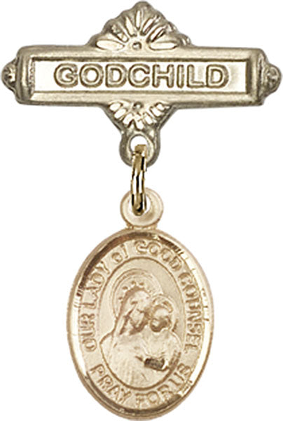14kt Gold Baby Badge with O/L of Good Counsel Charm and Godchild Badge Pin