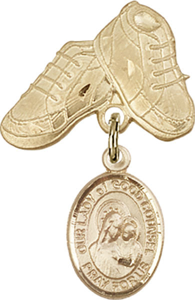 14kt Gold Baby Badge with O/L of Good Counsel Charm and Baby Boots Pin