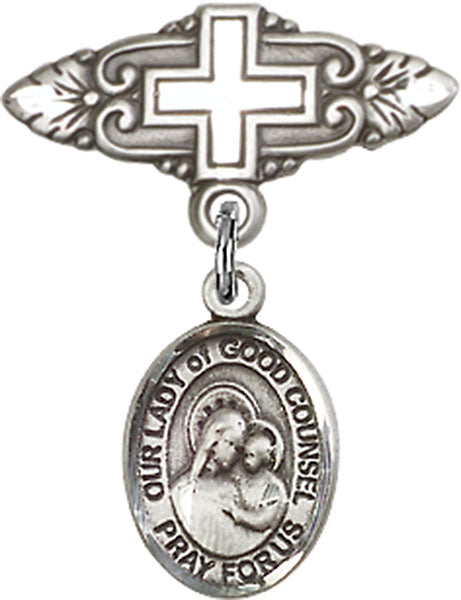 Sterling Silver Baby Badge with O/L of Good Counsel Charm and Badge Pin with Cross