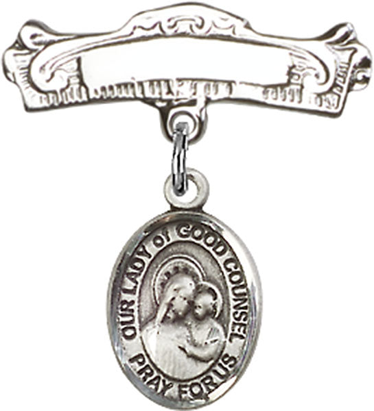 Sterling Silver Baby Badge with O/L of Good Counsel Charm and Arched Polished Badge Pin