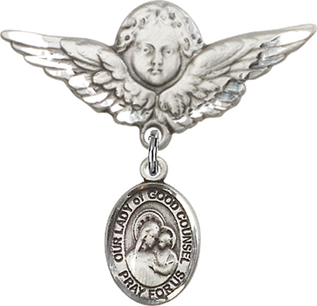Sterling Silver Baby Badge with O/L of Good Counsel Charm and Angel w/Wings Badge Pin