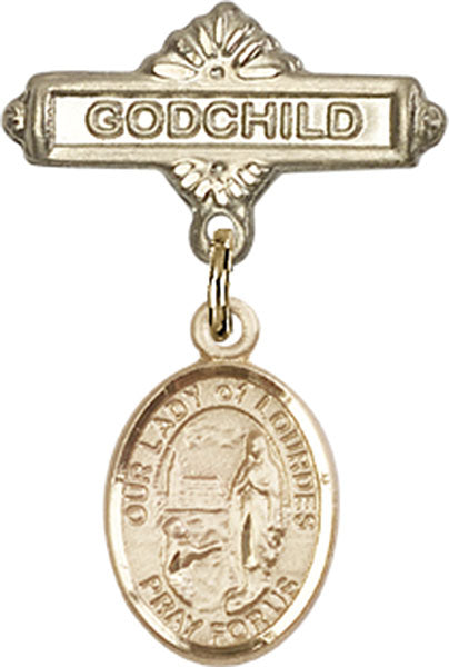 14kt Gold Filled Baby Badge with O/L of Lourdes Charm and Godchild Badge Pin