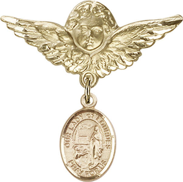 14kt Gold Baby Badge with O/L of Lourdes Charm and Angel w/Wings Badge Pin