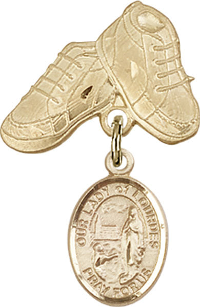 14kt Gold Baby Badge with O/L of Lourdes Charm and Baby Boots Pin