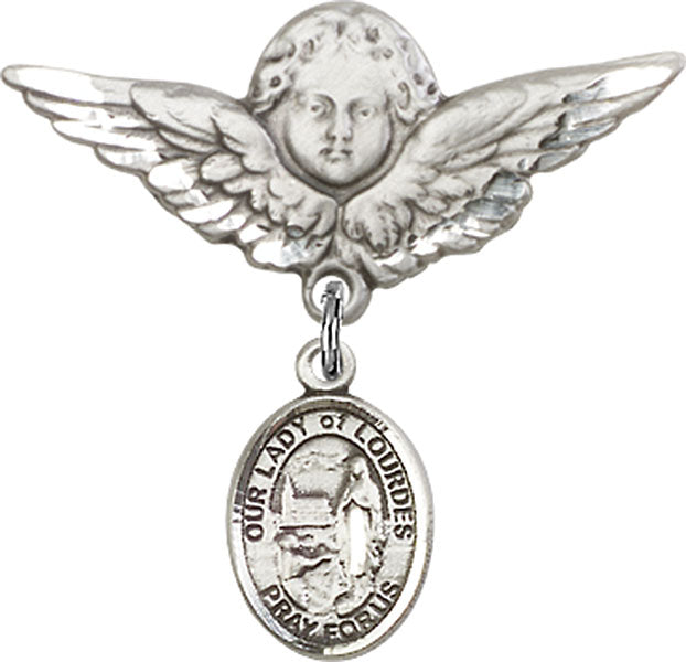 Sterling Silver Baby Badge with O/L of Lourdes Charm and Angel w/Wings Badge Pin
