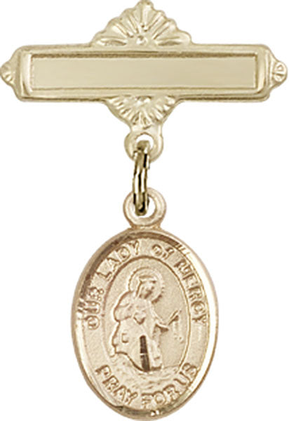 14kt Gold Filled Baby Badge with O/L of Mercy Charm and Polished Badge Pin