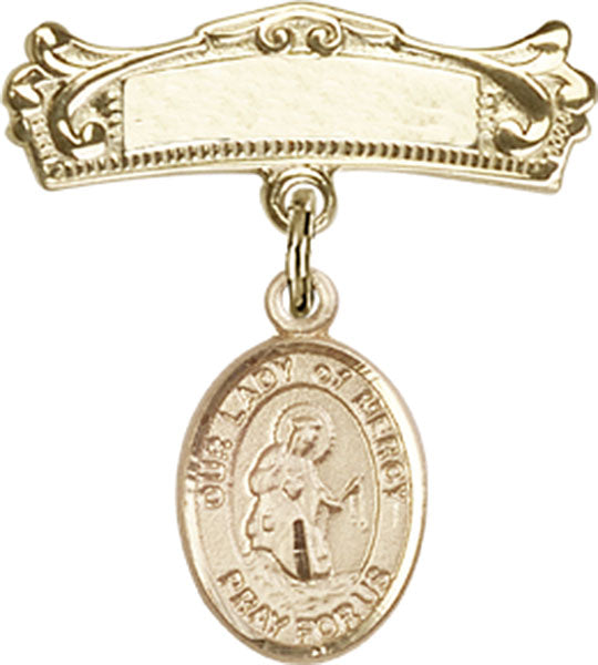 14kt Gold Filled Baby Badge with O/L of Mercy Charm and Arched Polished Badge Pin