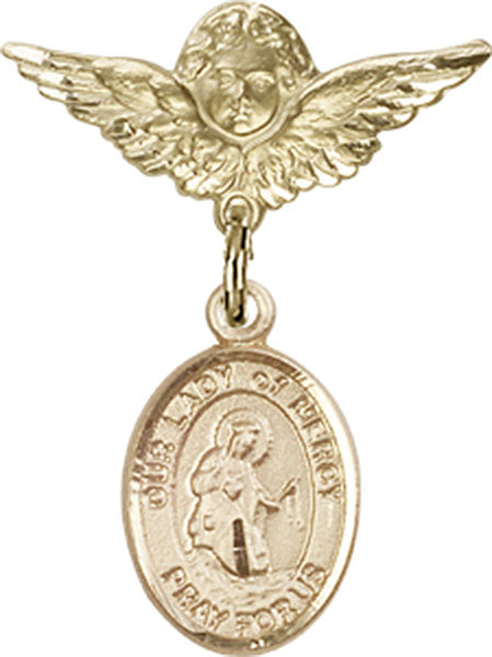 14kt Gold Filled Baby Badge with O/L of Mercy Charm and Angel w/Wings Badge Pin
