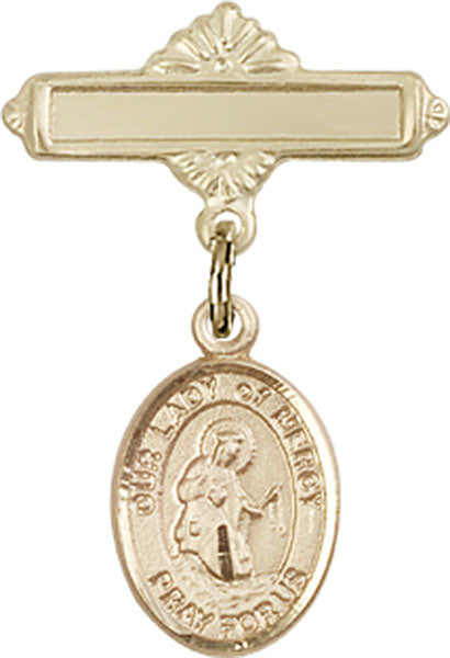 14kt Gold Baby Badge with O/L of Mercy Charm and Polished Badge Pin