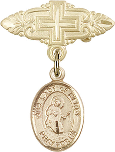 14kt Gold Baby Badge with O/L of Mercy Charm and Badge Pin with Cross