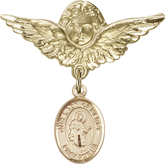 14kt Gold Baby Badge with O/L of Mercy Charm and Angel w/Wings Badge Pin