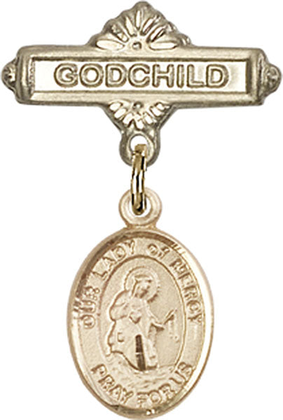 14kt Gold Baby Badge with O/L of Mercy Charm and Godchild Badge Pin