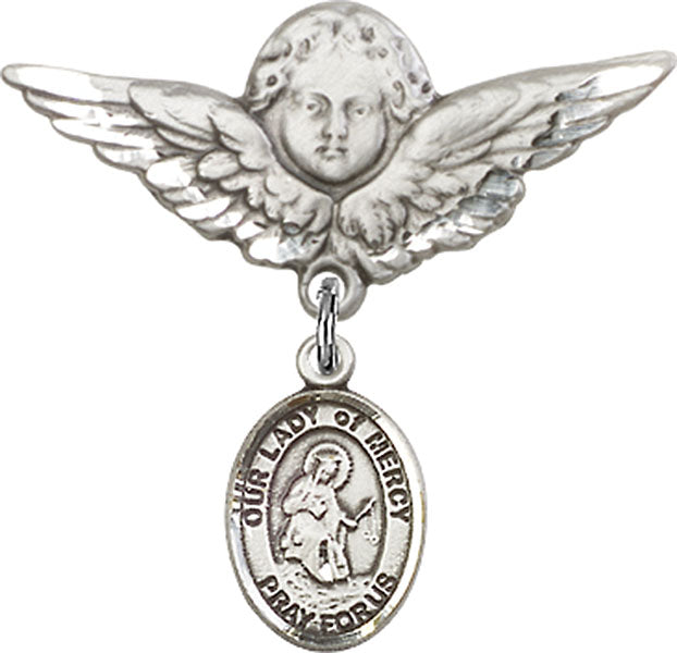 Sterling Silver Baby Badge with O/L of Mercy Charm and Angel w/Wings Badge Pin