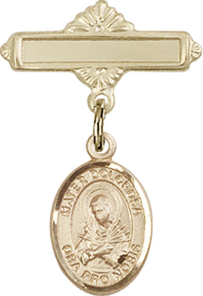 14kt Gold Filled Baby Badge with Mater Dolorosa Charm and Polished Badge Pin