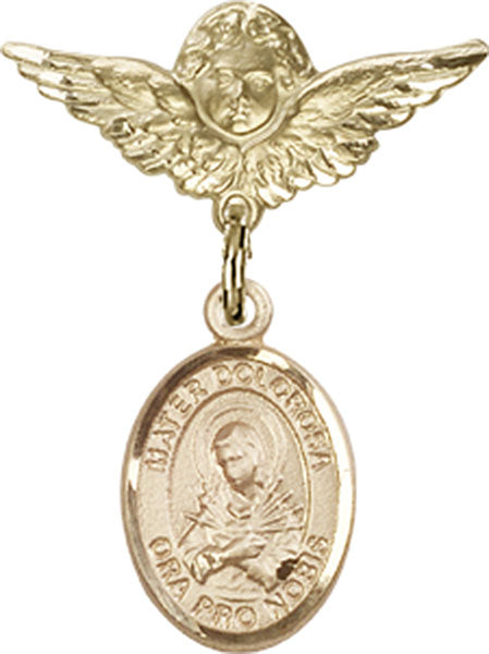 14kt Gold Filled Baby Badge with Mater Dolorosa Charm and Angel w/Wings Badge Pin