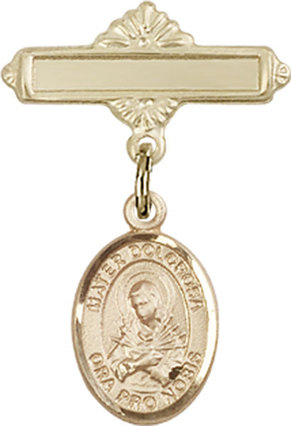 14kt Gold Baby Badge with Mater Dolorosa Charm and Polished Badge Pin