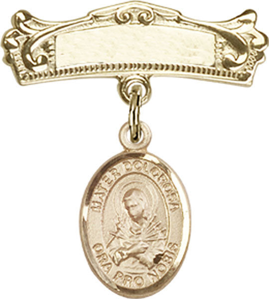14kt Gold Baby Badge with Mater Dolorosa Charm and Arched Polished Badge Pin
