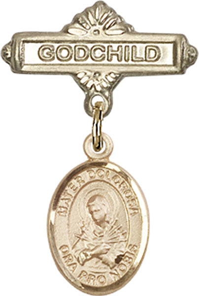 14kt Gold Baby Badge with Mater Dolorosa Charm and Godchild Badge Pin