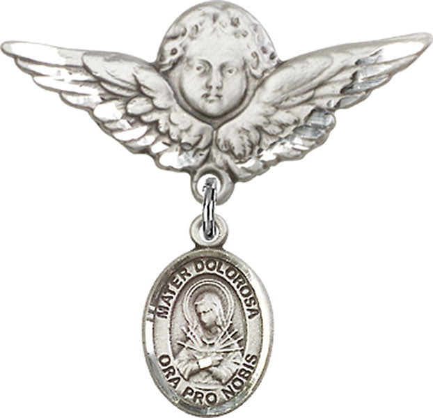 Sterling Silver Baby Badge with Mater Dolorosa Charm and Angel w/Wings Badge Pin