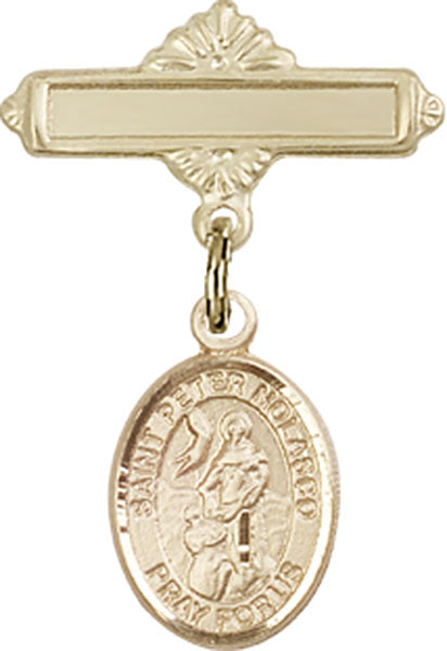 14kt Gold Filled Baby Badge with St. Peter Nolasco Charm and Polished Badge Pin