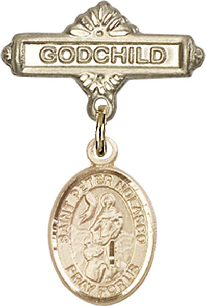 14kt Gold Filled Baby Badge with St. Peter Nolasco Charm and Godchild Badge Pin