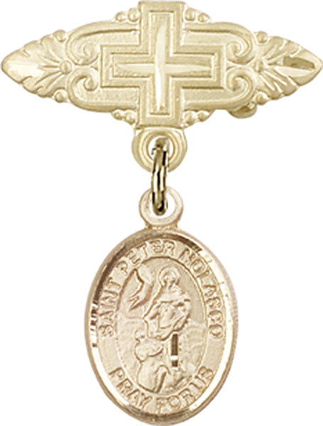 14kt Gold Baby Badge with St. Peter Nolasco Charm and Badge Pin with Cross