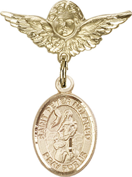 14kt Gold Baby Badge with St. Peter Nolasco Charm and Angel w/Wings Badge Pin