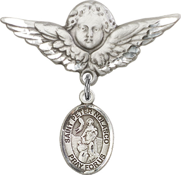 Sterling Silver Baby Badge with St. Peter Nolasco Charm and Angel w/Wings Badge Pin