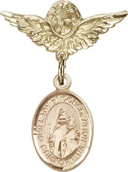 14kt Gold Baby Badge with O/L of Consolation Charm and Angel w/Wings Badge Pin