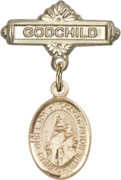 14kt Gold Baby Badge with O/L of Consolation Charm and Godchild Badge Pin