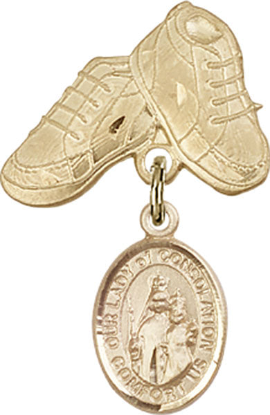 14kt Gold Baby Badge with O/L of Consolation Charm and Baby Boots Pin