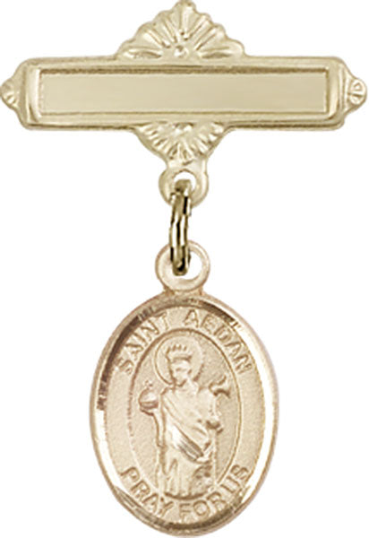 14kt Gold Filled Baby Badge with St. Aedan of Ferns Charm and Polished Badge Pin
