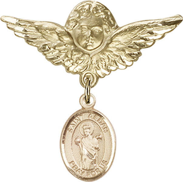14kt Gold Filled Baby Badge with St. Aedan of Ferns Charm and Angel w/Wings Badge Pin