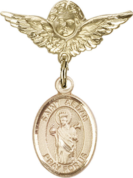 14kt Gold Filled Baby Badge with St. Aedan of Ferns Charm and Angel w/Wings Badge Pin