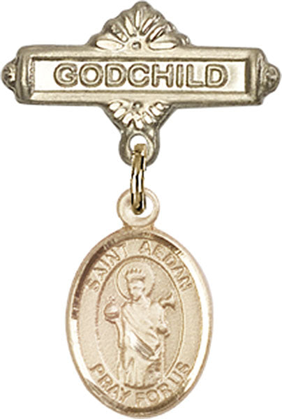 14kt Gold Filled Baby Badge with St. Aedan of Ferns Charm and Godchild Badge Pin