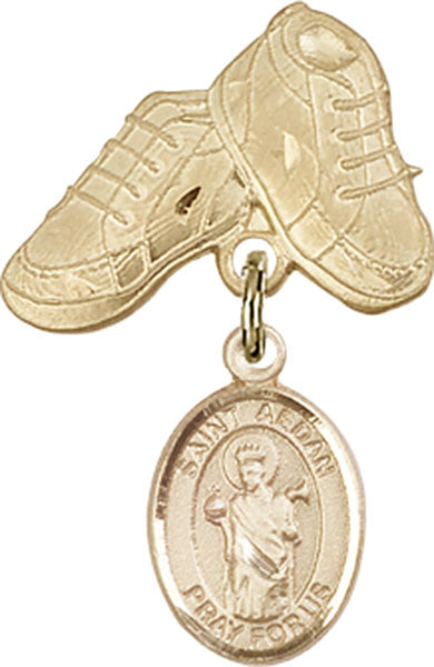 14kt Gold Filled Baby Badge with St. Aedan of Ferns Charm and Baby Boots Pin