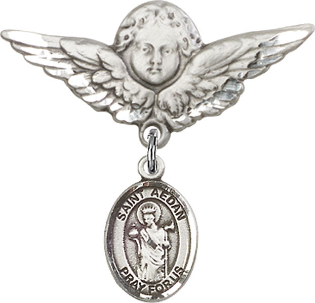 Sterling Silver Baby Badge with St. Aedan of Ferns Charm and Angel w/Wings Badge Pin