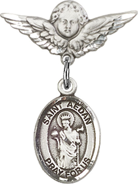 Sterling Silver Baby Badge with St. Aedan of Ferns Charm and Angel w/Wings Badge Pin