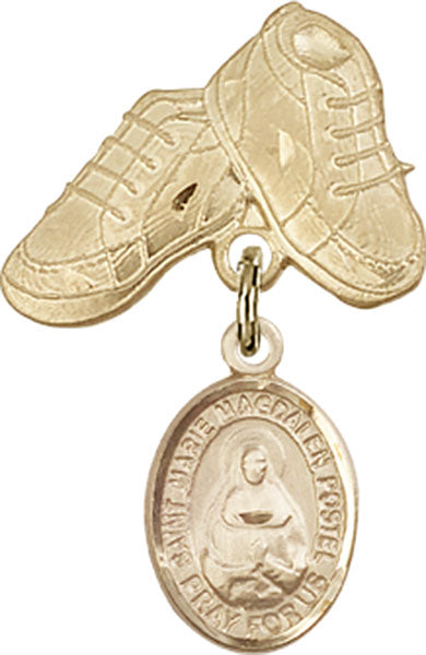 14kt Gold Filled Baby Badge with Marie Magdalen Postel Charm and Baby Boots Pin