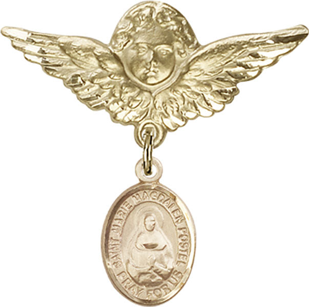 14kt Gold Baby Badge with Marie Magdalen Postel Charm and Angel w/Wings Badge Pin