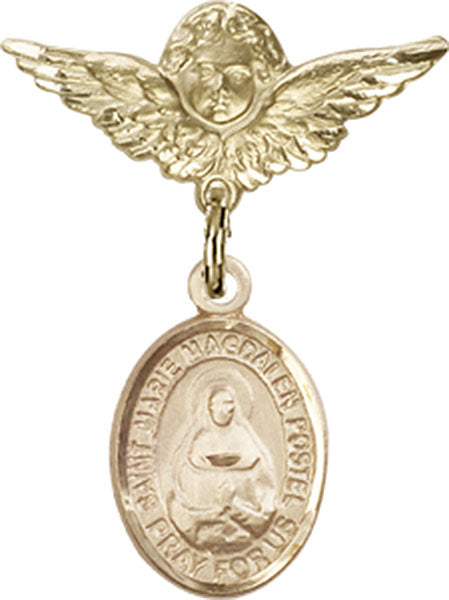 14kt Gold Baby Badge with Marie Magdalen Postel Charm and Angel w/Wings Badge Pin