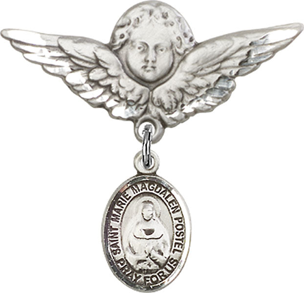 Sterling Silver Baby Badge with Marie Magdalen Postel Charm and Angel w/Wings Badge Pin