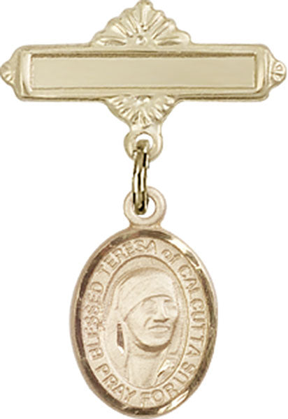 14kt Gold Filled Baby Badge with Blessed Teresa of Calcutta Charm and Polished Badge Pin
