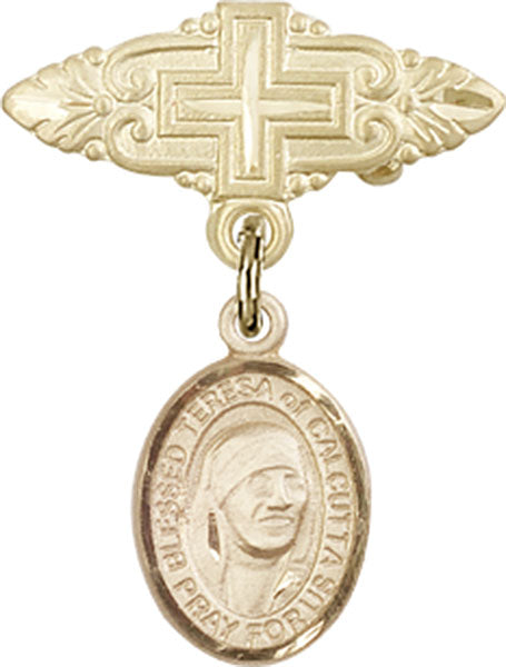 14kt Gold Filled Baby Badge with Blessed Teresa of Calcutta Charm and Badge Pin with Cross