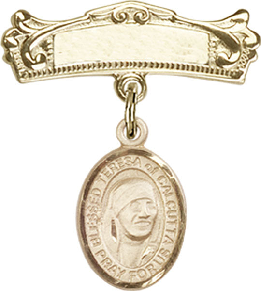 14kt Gold Filled Baby Badge with Blessed Teresa of Calcutta Charm and Arched Polished Badge Pin