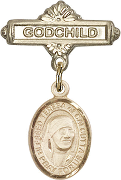 14kt Gold Filled Baby Badge with Blessed Teresa of Calcutta Charm and Godchild Badge Pin
