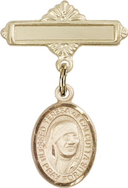 14kt Gold Baby Badge with Blessed Teresa of Calcutta Charm and Polished Badge Pin