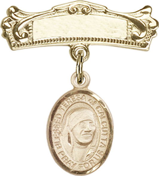 14kt Gold Baby Badge with Blessed Teresa of Calcutta Charm and Arched Polished Badge Pin