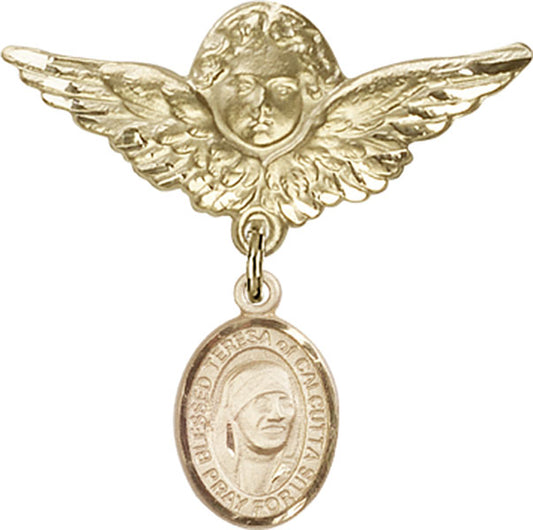 14kt Gold Baby Badge with Blessed Teresa of Calcutta Charm and Angel w/Wings Badge Pin